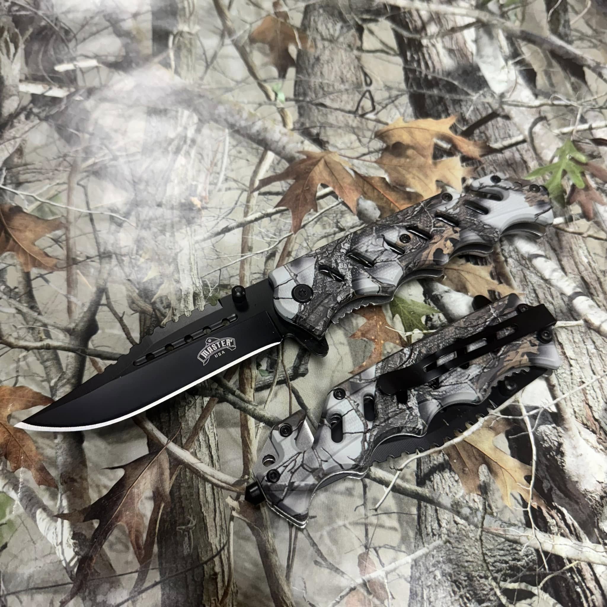 MASTER USA Spring Open 3CR13 black blade Forest Camo Handle 8.75" Pocket Knife