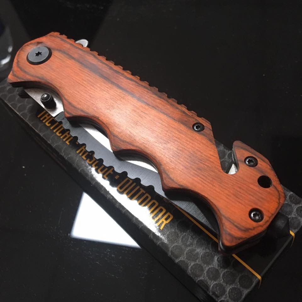 Tac Force Spring Assisted Brown PAKKA wood handle 2 TONE BLACK AND BRUSHED PLAIN BLADE Pocket Knife
