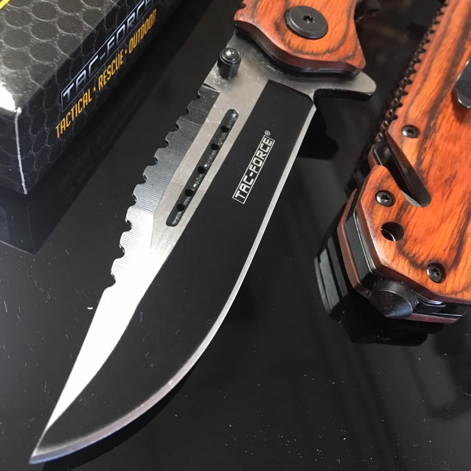 Tac Force Spring Assisted Brown PAKKA wood handle 2 TONE BLACK AND BRUSHED PLAIN BLADE Pocket Knife