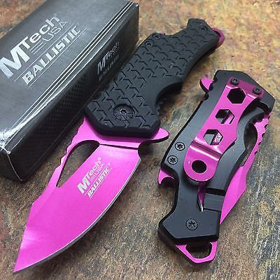 M Tech Spring Assisted Pink Blade Black Nylon Fiber Handle w/ Bottle Open