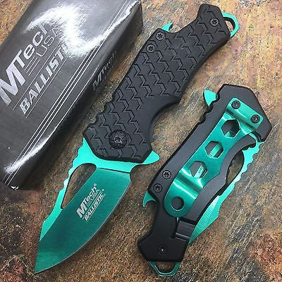 M Tech Spring Assisted Green Blade Black Nylon Fiber Handle w/ Bottle Open