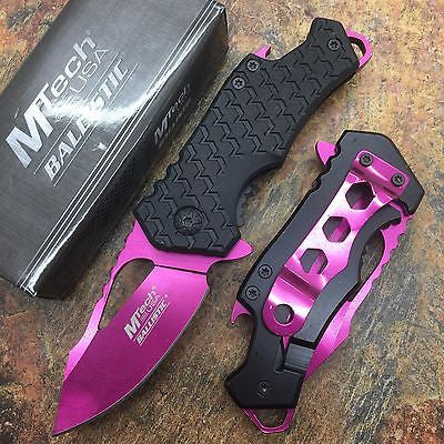 M Tech Spring Assisted Pink Blade Black Nylon Fiber Handle w/ Bottle Open
