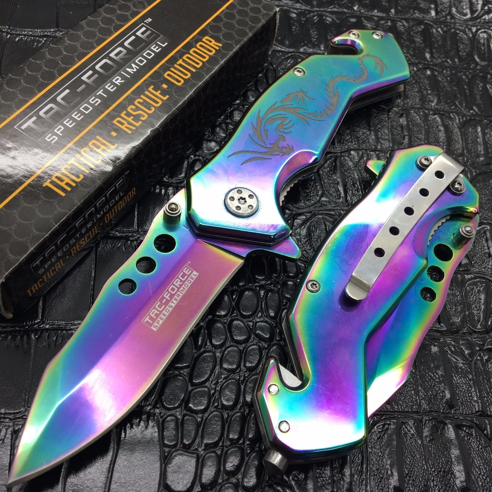 TAC FORCE Spring Assisted RAINBOW Dragon Fantasy Outdoor Blade Pocket Knife