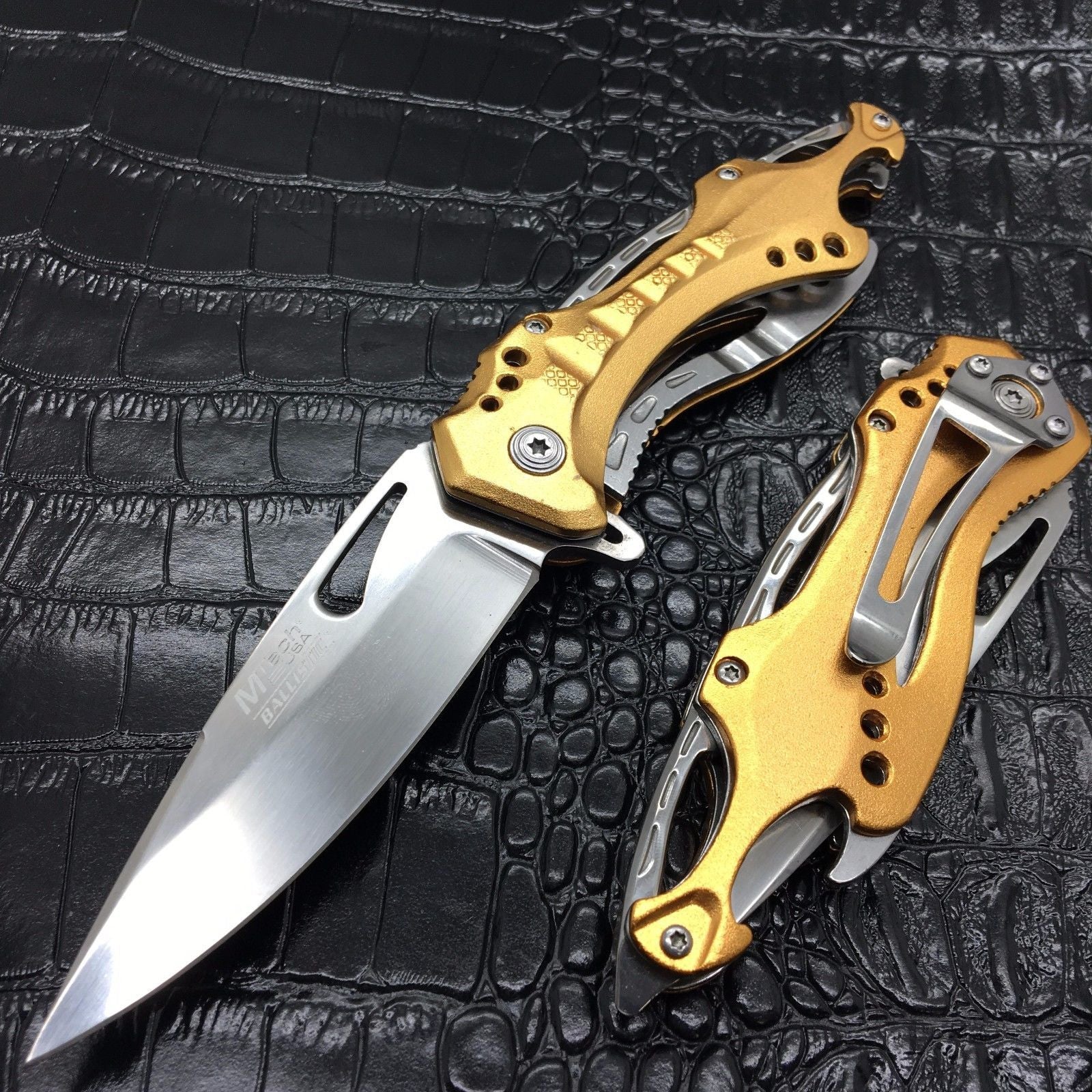 M-Tech Spring Assisted Gold/Silver Aluminum Tactical Rescue Pocket Knife!