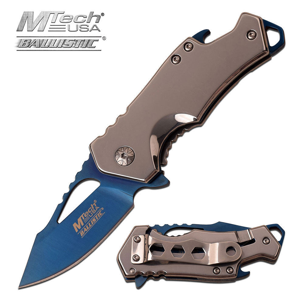 MTech Ballistic Silver w/ Blue Blade Small Pocket Knife w/ Bottle Opener!