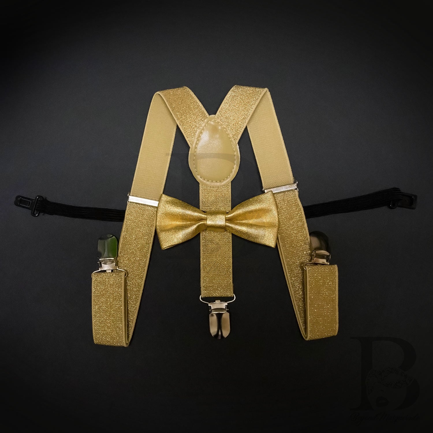 Kids Toddler Soft Metallic Gold Matching Set Suspender and Bow Tie