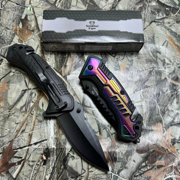 SNAKE EYE TACTICAL TWO TONE RESCUE STYLE SPRING ASSIST POCKET KNIFE RAINBOW