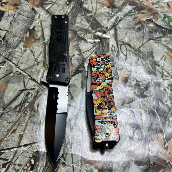 8.75" SNAKE EYE TACTICAL ORANGE CAMO SPRING ASSIST KNIFE WITH GLASS BREAKER