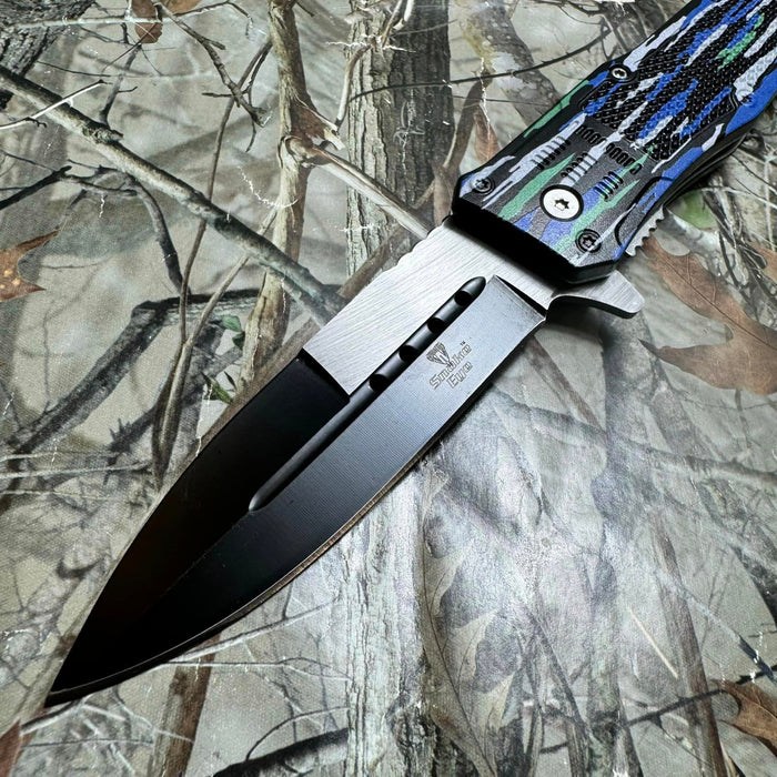 8.75" SNAKE EYE TACTICAL BLUE CAMO SPRING ASSIST KNIFE WITH GLASS BREAKER