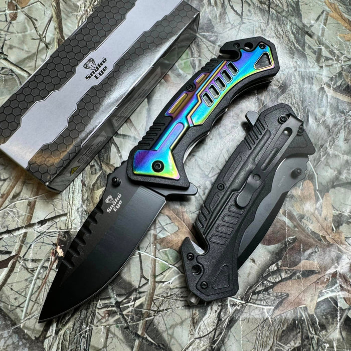 SNAKE EYE TACTICAL TWO TONE RESCUE STYLE SPRING ASSIST POCKET KNIFE RAINBOW