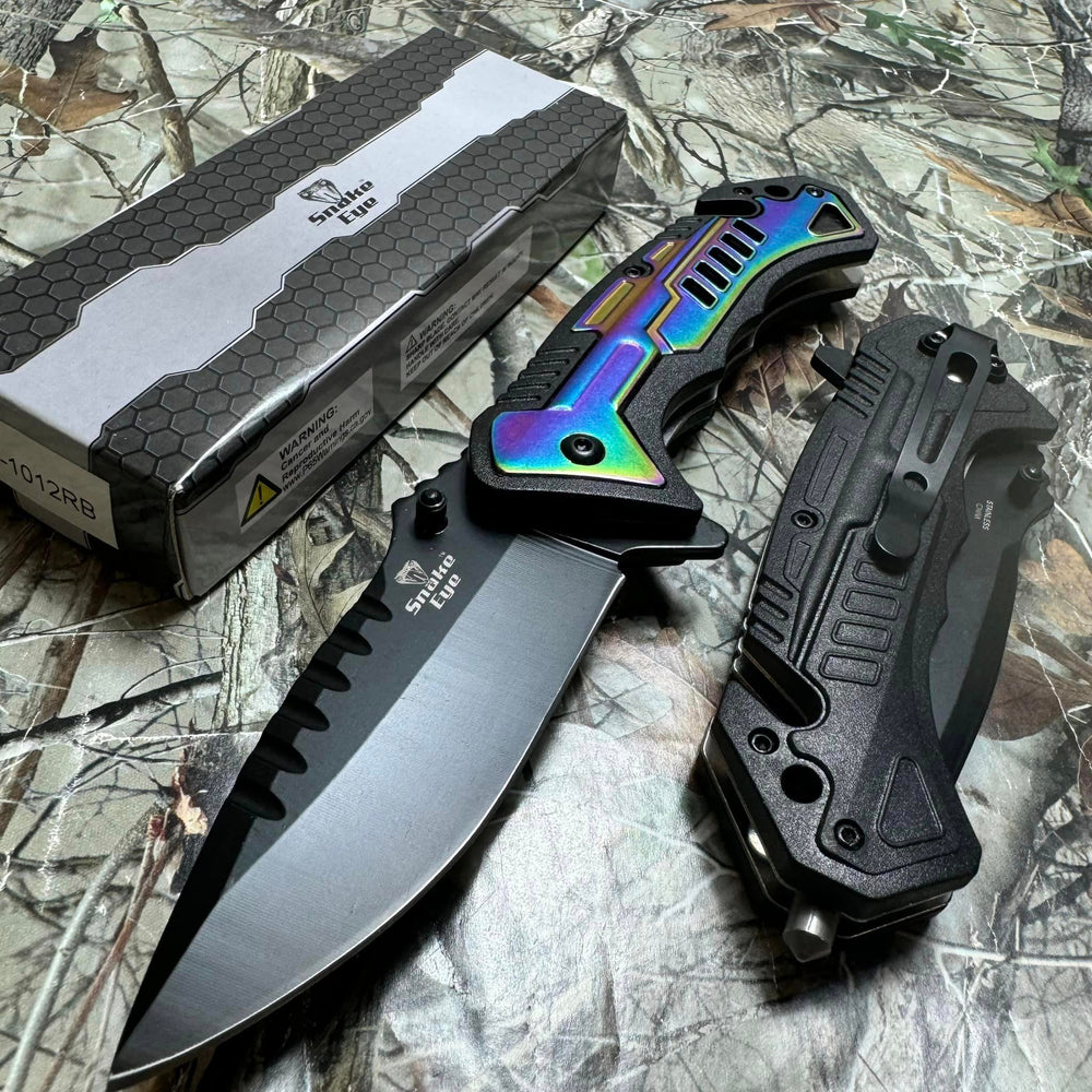 SNAKE EYE TACTICAL TWO TONE RESCUE STYLE SPRING ASSIST POCKET KNIFE RAINBOW