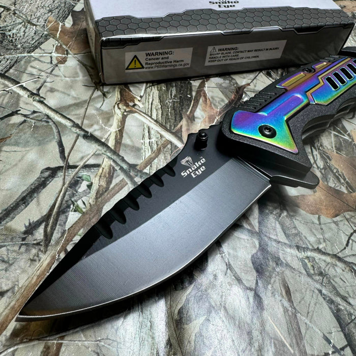 SNAKE EYE TACTICAL TWO TONE RESCUE STYLE SPRING ASSIST POCKET KNIFE RAINBOW