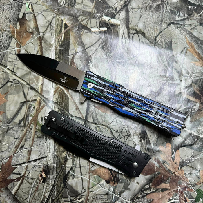 8.75" SNAKE EYE TACTICAL BLUE CAMO SPRING ASSIST KNIFE WITH GLASS BREAKER