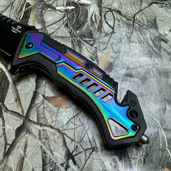 SNAKE EYE TACTICAL TWO TONE RESCUE STYLE SPRING ASSIST POCKET KNIFE RAINBOW