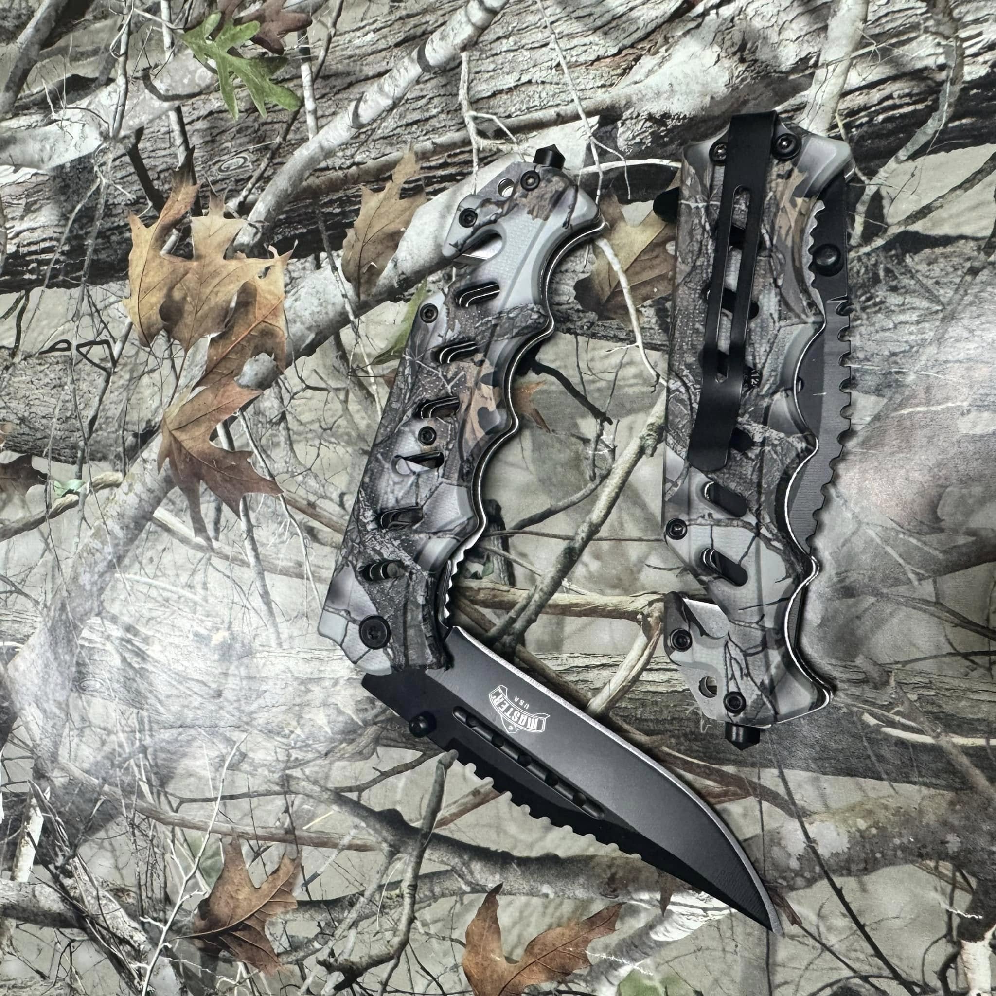MASTER USA Spring Open 3CR13 black blade Forest Camo Handle 8.75" Pocket Knife