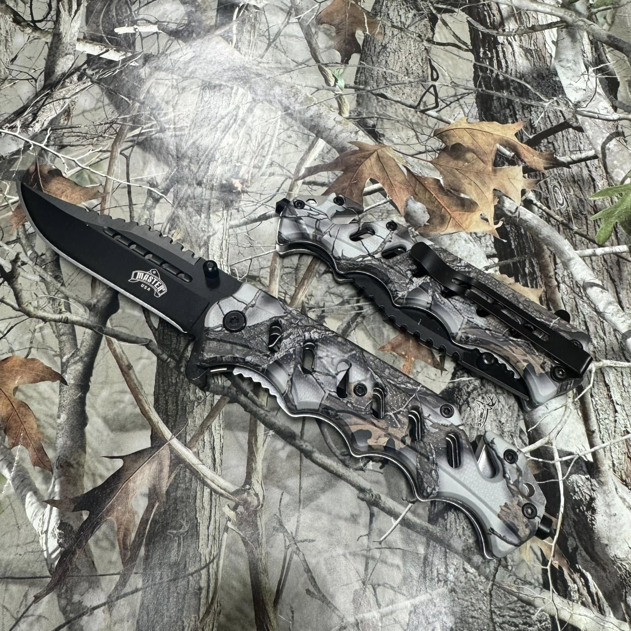 MASTER USA Spring Open 3CR13 black blade Forest Camo Handle 8.75" Pocket Knife