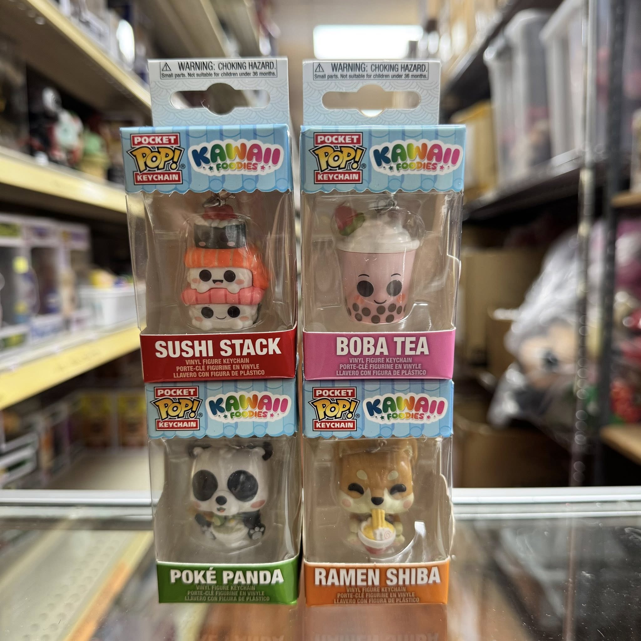 Funko POP! Set of 4 Keychain: Kawaii Foodie Sushi Stack, Boba Tea, Poke Panda & Ramen Shiba Novelty Keyring - Collectable Mini Figure