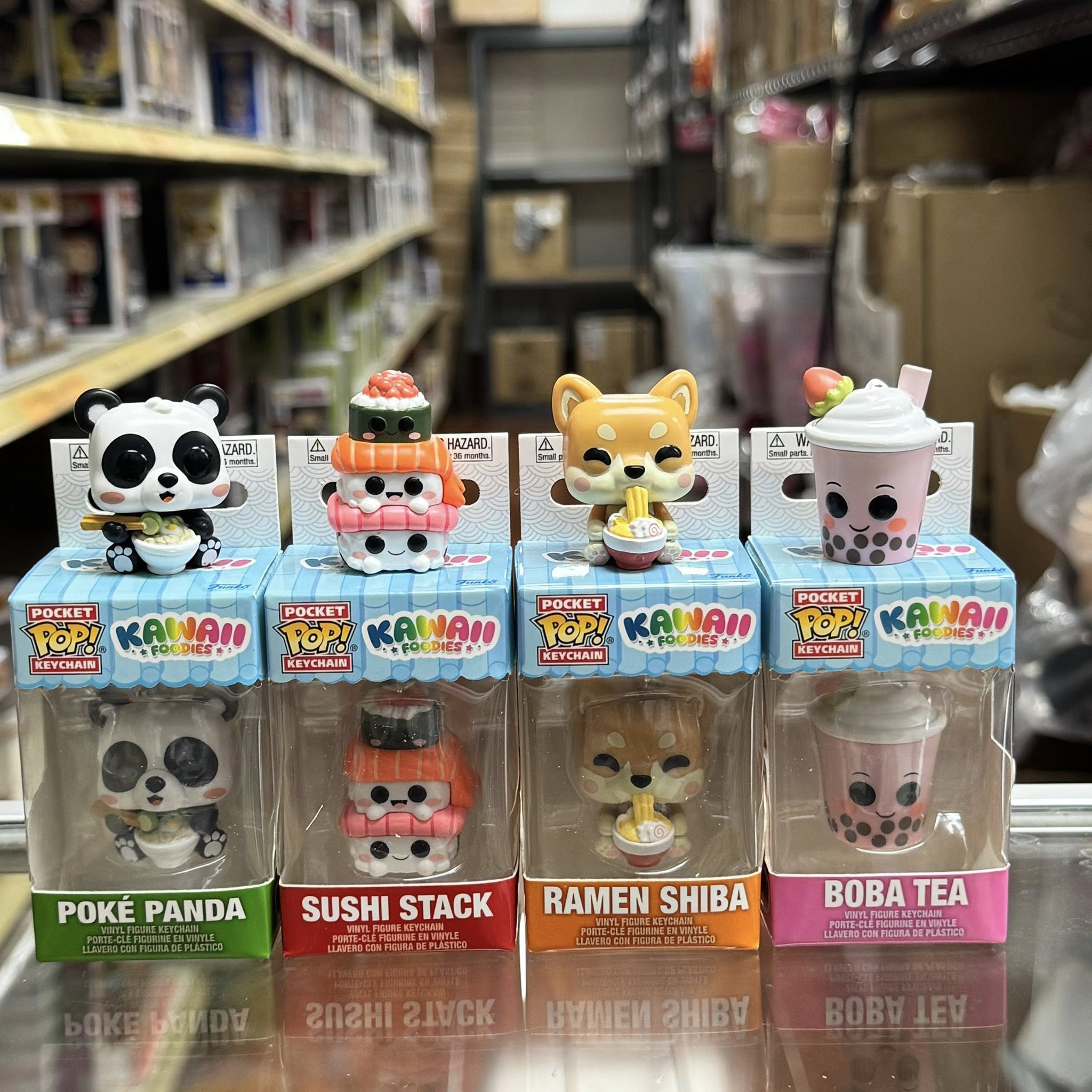 Funko POP! Set of 4 Keychain: Kawaii Foodie Sushi Stack, Boba Tea, Poke Panda & Ramen Shiba Novelty Keyring - Collectable Mini Figure
