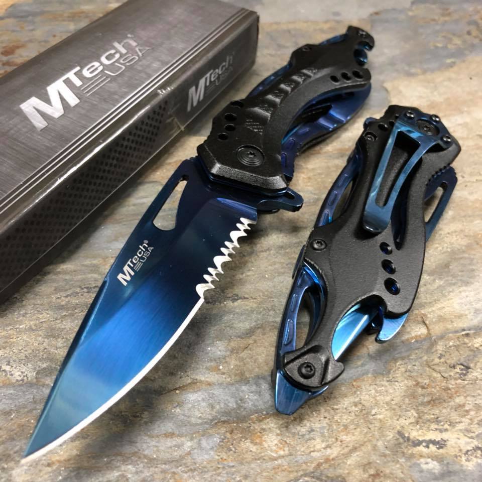M-Tech Spring Assisted Blue TI-Coated Aluminum Tactical Rescue Pocket Knife!