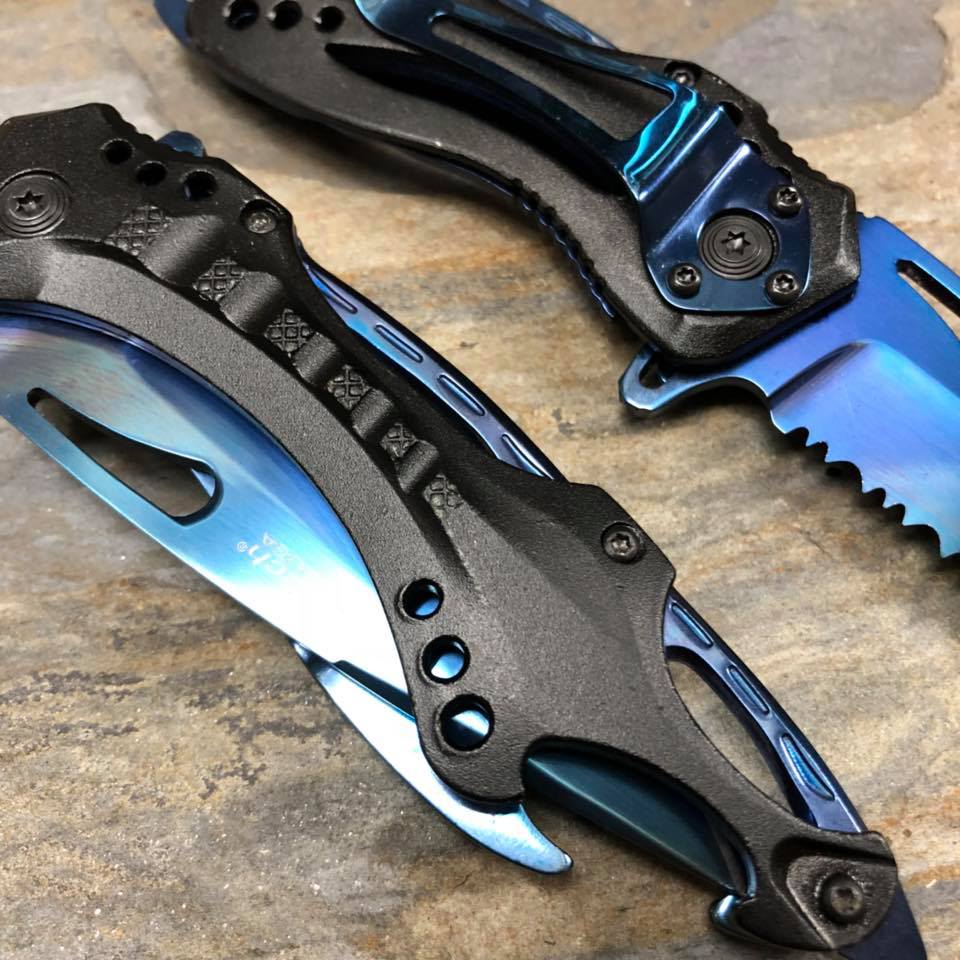 M-Tech Spring Assisted Blue TI-Coated Aluminum Tactical Rescue Pocket Knife!