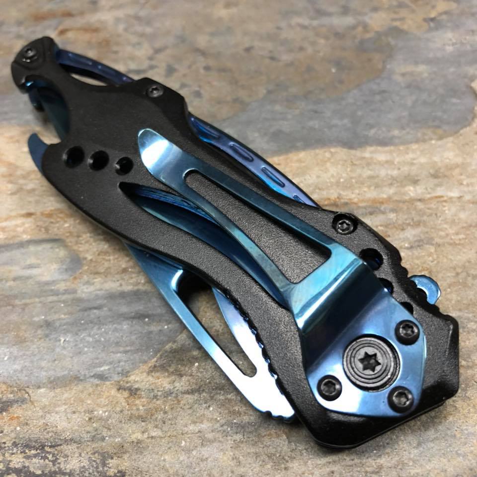 M-Tech Spring Assisted Blue TI-Coated Aluminum Tactical Rescue Pocket Knife!