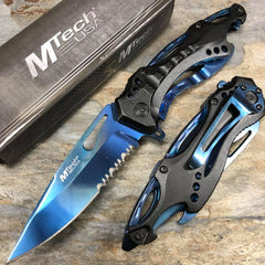 M-Tech Spring Assisted Blue TI-Coated Aluminum Tactical Rescue Pocket Knife!