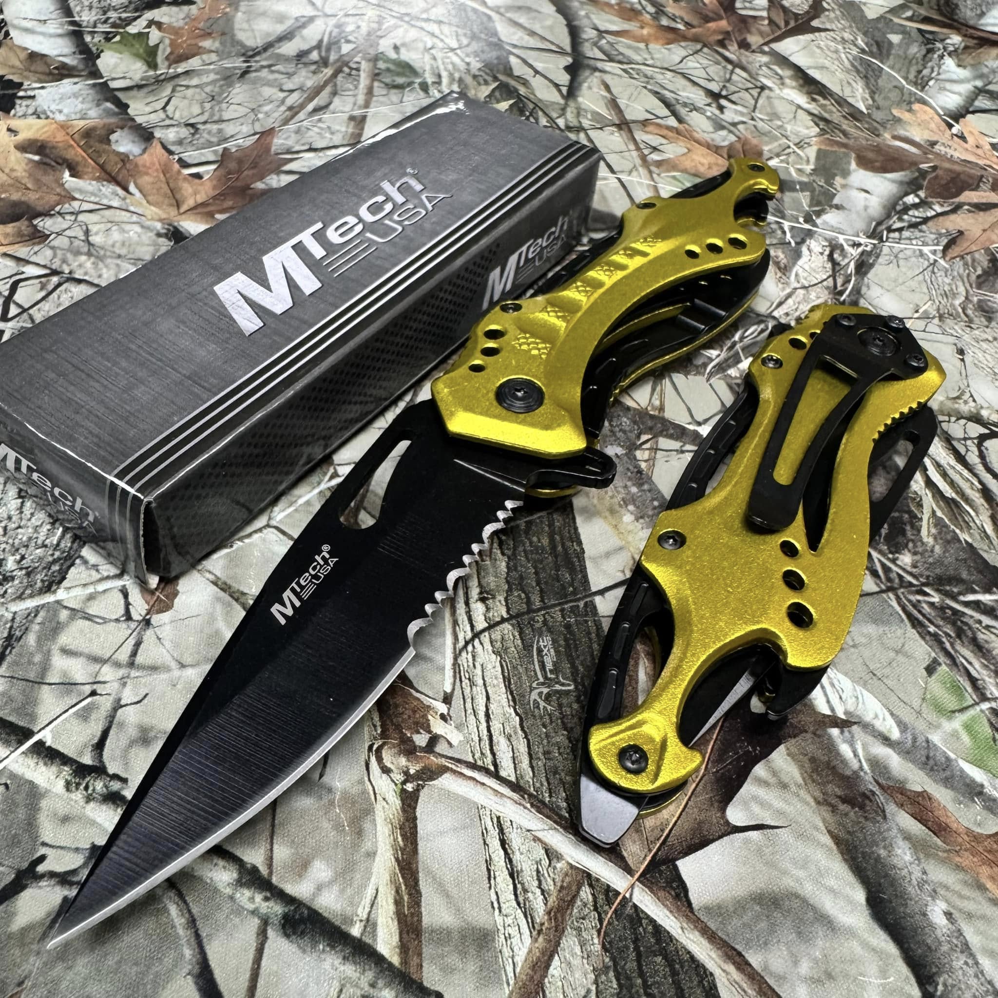 M-Tech Spring Assisted Yellow TI-Coated Aluminum Tactical Rescue Pocket Knife! MT-A705NYL