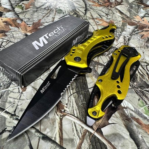 M-Tech Spring Assisted Yellow TI-Coated Aluminum Tactical Rescue Pocket Knife! MT-A705NYL
