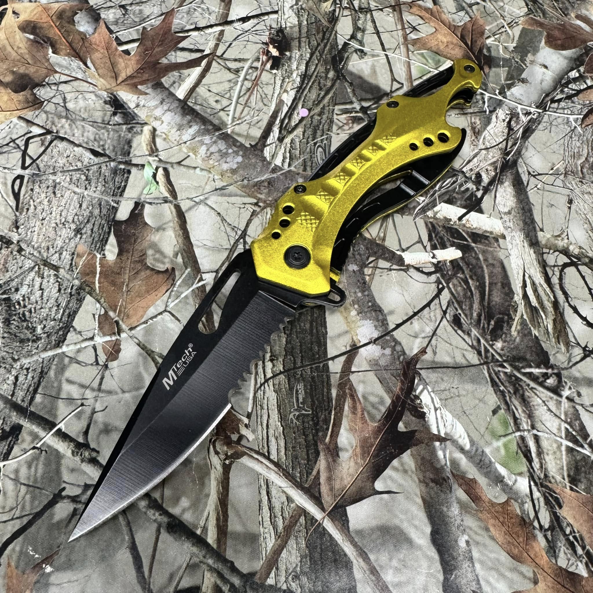 M-Tech Spring Assisted Yellow TI-Coated Aluminum Tactical Rescue Pocket Knife! MT-A705NYL