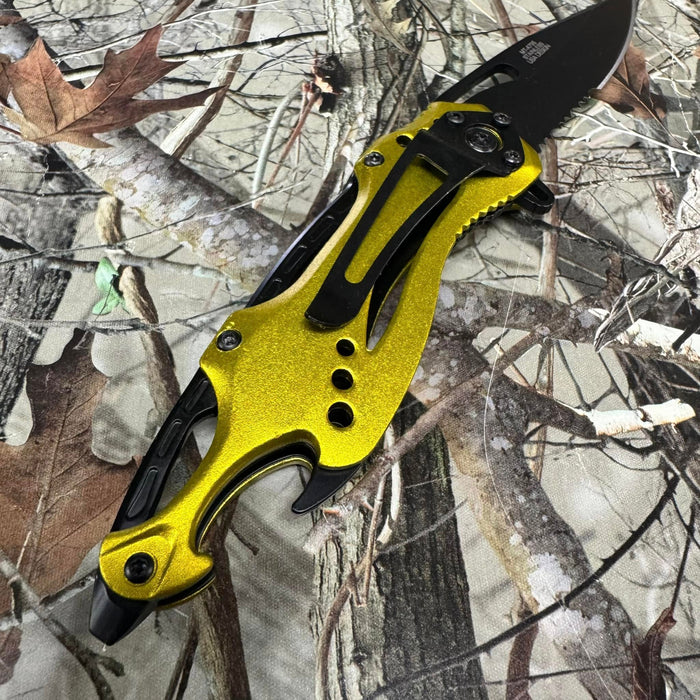M-Tech Spring Assisted Yellow TI-Coated Aluminum Tactical Rescue Pocket Knife! MT-A705NYL