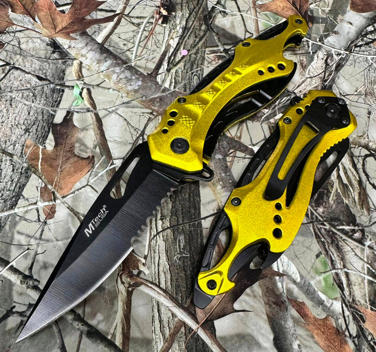 M-Tech Spring Assisted Yellow TI-Coated Aluminum Tactical Rescue Pocket Knife! MT-A705NYL