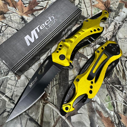 M-Tech Spring Assisted Yellow TI-Coated Aluminum Tactical Rescue Pocket Knife! MT-A705NYL