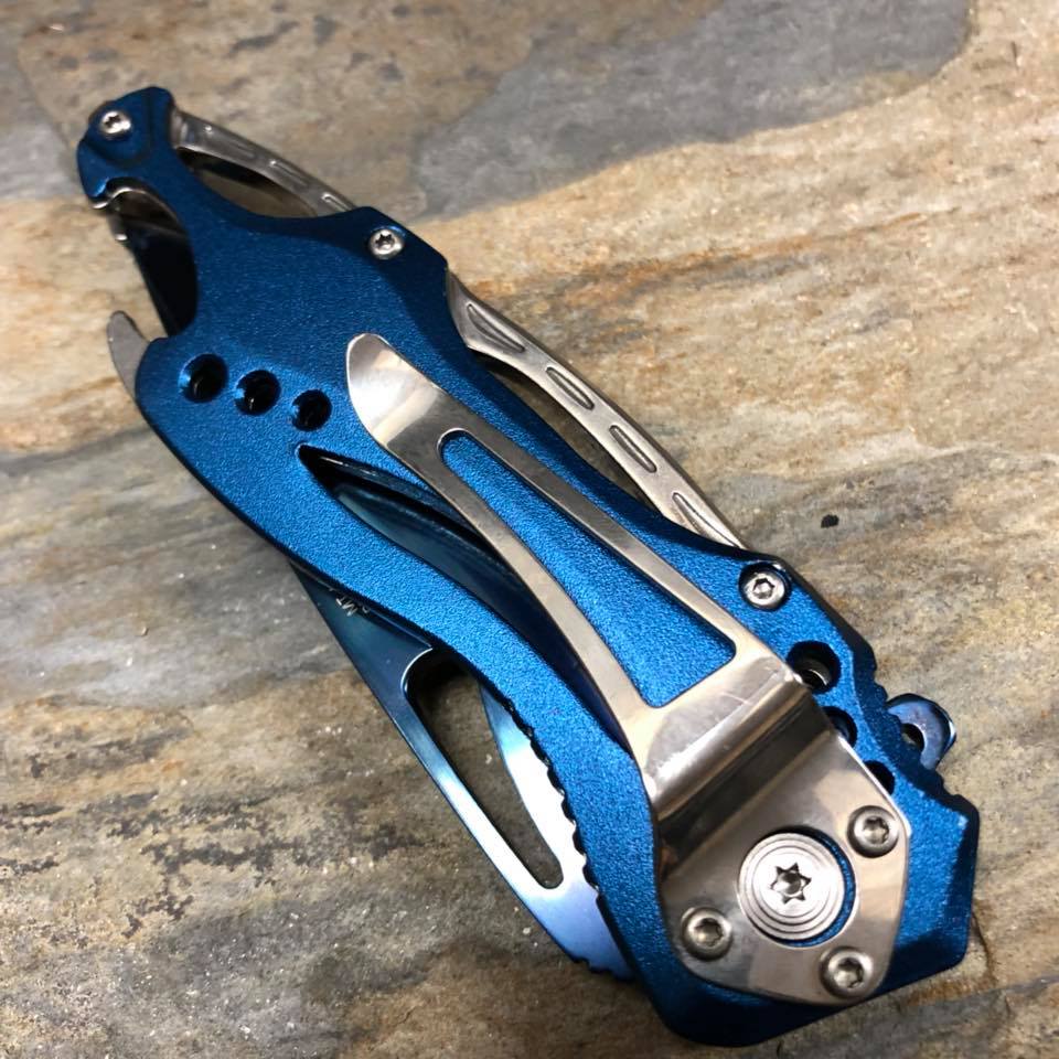 M-Tech Spring Assisted Blue/Silver Aluminum Tactical Rescue Pocket Hunting Knife
