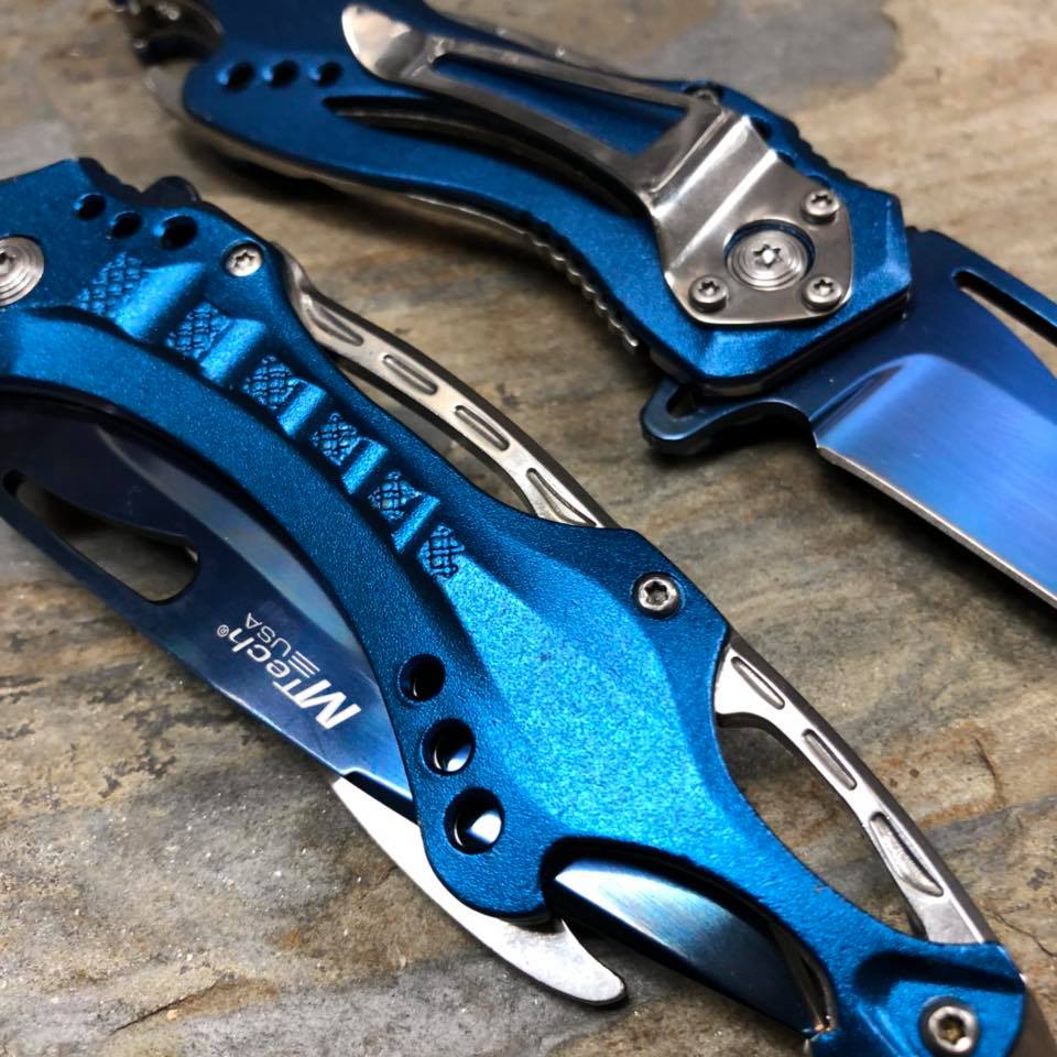 M-Tech Spring Assisted Blue/Silver Aluminum Tactical Rescue Pocket Hunting Knife