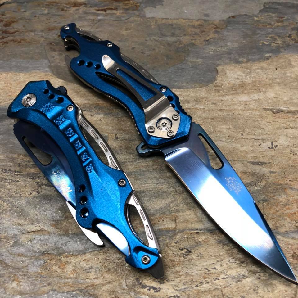 M-Tech Spring Assisted Blue/Silver Aluminum Tactical Rescue Pocket Hunting Knife