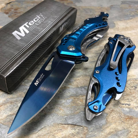 M-Tech Spring Assisted Blue/Silver Aluminum Tactical Rescue Pocket Hunting Knife