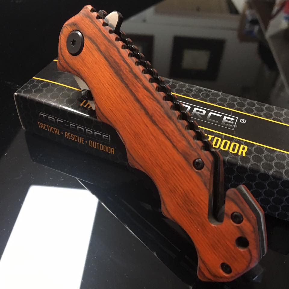 Tac Force Spring Assisted Brown PAKKA wood handle 2 TONE BLACK AND BRUSHED PLAIN BLADE Pocket Knife