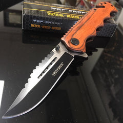 Tac Force Spring Assisted Brown PAKKA wood handle 2 TONE BLACK AND BRUSHED PLAIN BLADE Pocket Knife