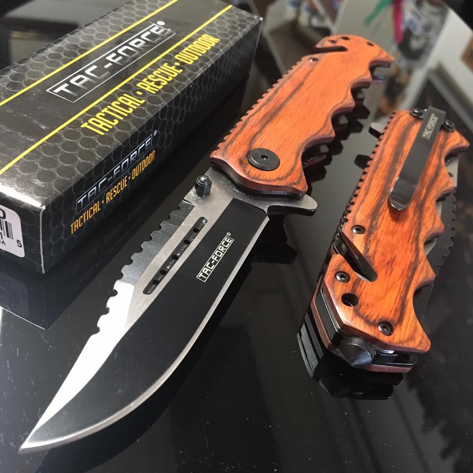 Tac Force Spring Assisted Brown PAKKA wood handle 2 TONE BLACK AND BRUSHED PLAIN BLADE Pocket Knife