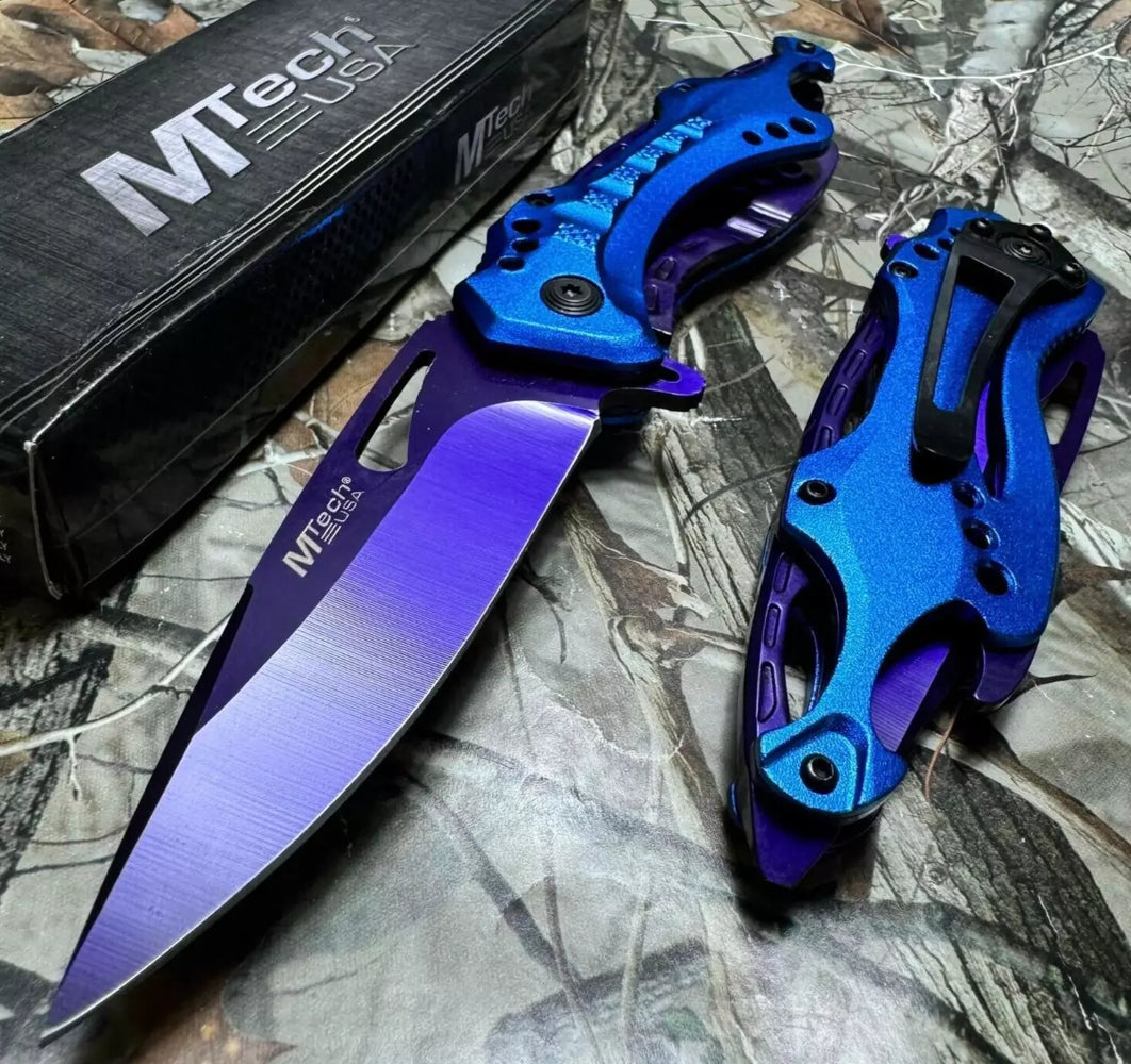 M-Tech Spring Assisted TI-Coated Aluminum Tactical Rescue Pocket Knife! Purple Blade Blue Handle