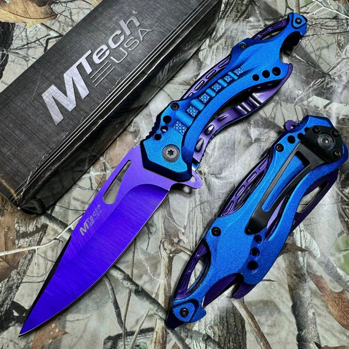 M-Tech Spring Assisted TI-Coated Aluminum Tactical Rescue Pocket Knife! Purple Blade Blue Handle