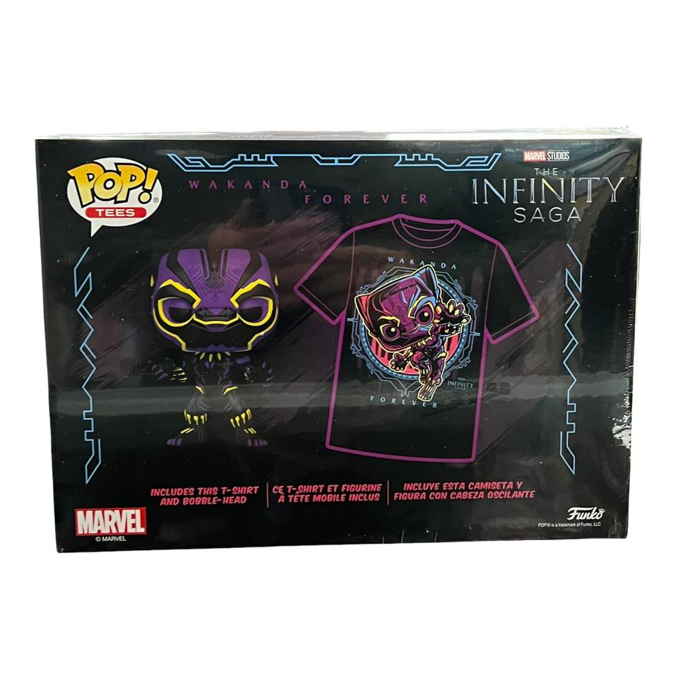 Authentic WAKANDA FOREVER (Black Light) Funko Pop & T-shirt BLACK PANTHER Target Exclusive with (SPECIAL EDITION) Sticker! Size SMALL