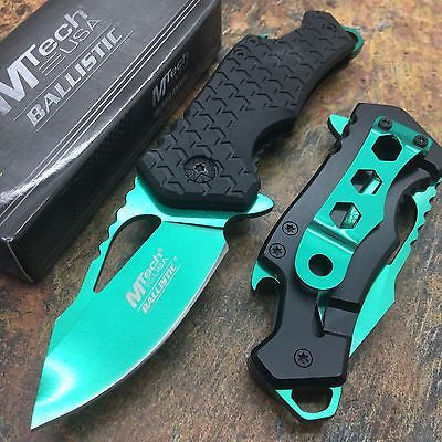 M Tech Spring Assisted Green Blade Black Nylon Fiber Handle w/ Bottle Open