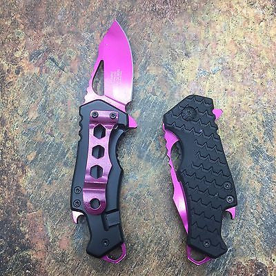 M Tech Spring Assisted Pink Blade Black Nylon Fiber Handle w/ Bottle Open