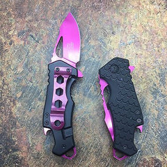 M Tech Spring Assisted Pink Blade Black Nylon Fiber Handle w/ Bottle Open