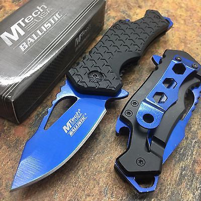 M Tech Spring Assisted Blue Blade Black Nylon Fiber Handle w/ Bottle Open
