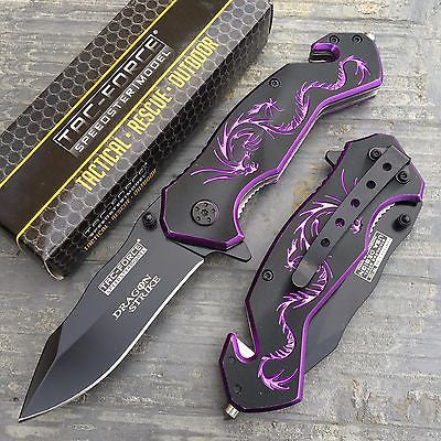 TAC FORCE Black/Purple Fantasy Dragon Outdoor Tactical Rescue Pocket Knife