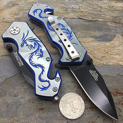 Tac Force Gray Aluminum Handle w/ Blue Dragon Small Spring Assisted Knife