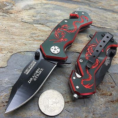 Tac Force Black Aluminum Handle w/ Red Dragon Small Spring Assisted Knife
