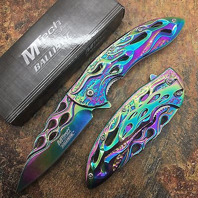 MTech  Assited Open All Rainbow Blade Flame Cut Collection Pocket Knife